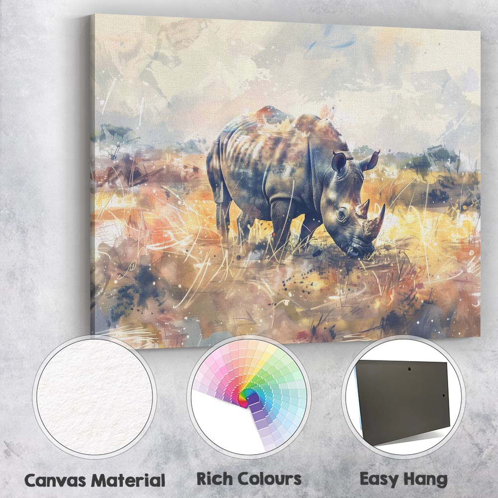 Expressive Watercolour Rhinoceros Safari Wildlife Canvas Wall Art Print Decor Picture Ready to Hang