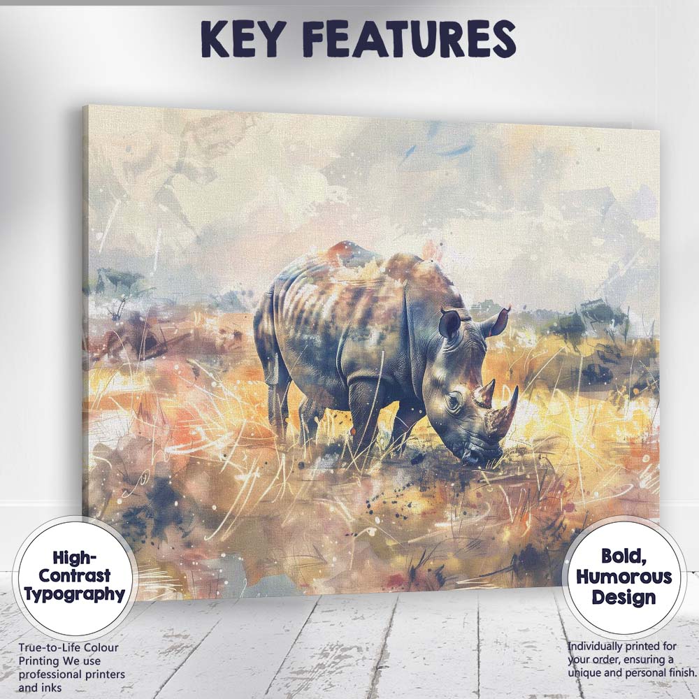 Expressive Watercolour Rhinoceros Safari Wildlife Canvas Wall Art Print Decor Picture Ready to Hang