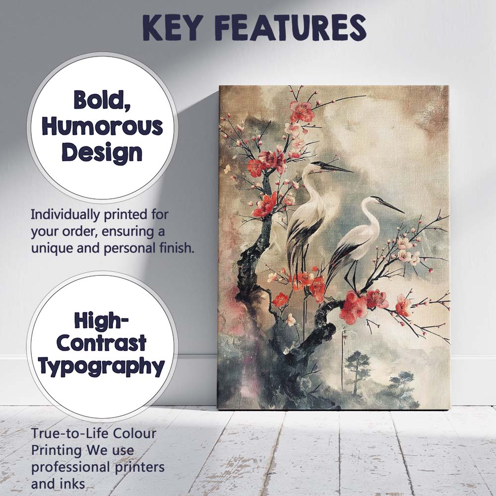 Japanese Cherry Blossom Cranes Oriental Nature Painting Canvas Wall Art Print Decor Picture Ready to Hang