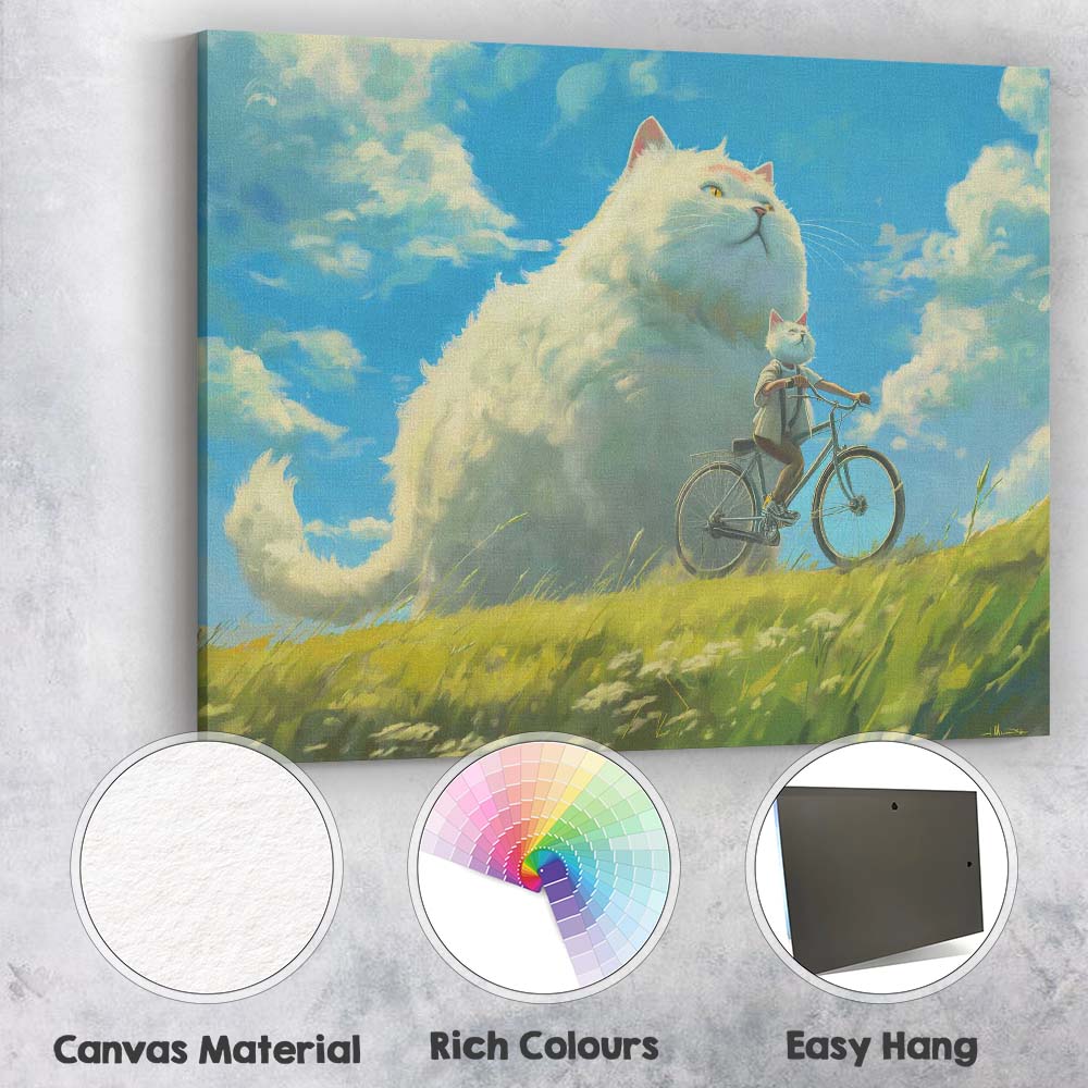 Whimsical Giant White Cat Cycling Countryside Fantasy Canvas Wall Art Print Decor Picture Ready to Hang