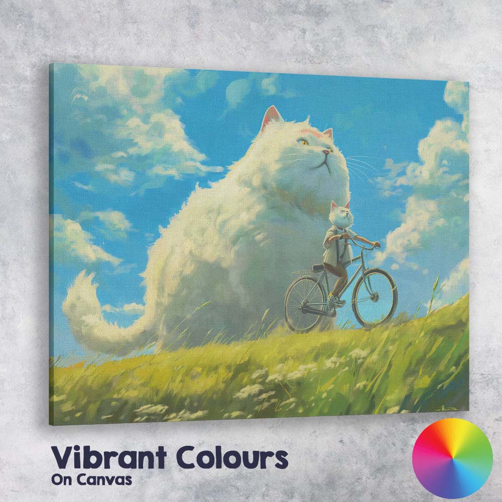 Whimsical Giant White Cat Cycling Countryside Fantasy Canvas Wall Art Print Decor Picture Ready to Hang