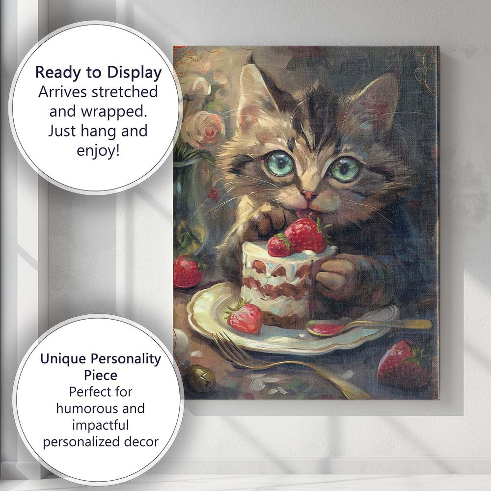 Adorable Kitten Eating Strawberry Cake Painting Canvas Wall Art Print Decor Picture Ready to Hang