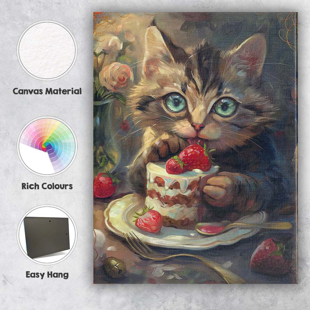 Adorable Kitten Eating Strawberry Cake Painting Canvas Wall Art Print Decor Picture Ready to Hang