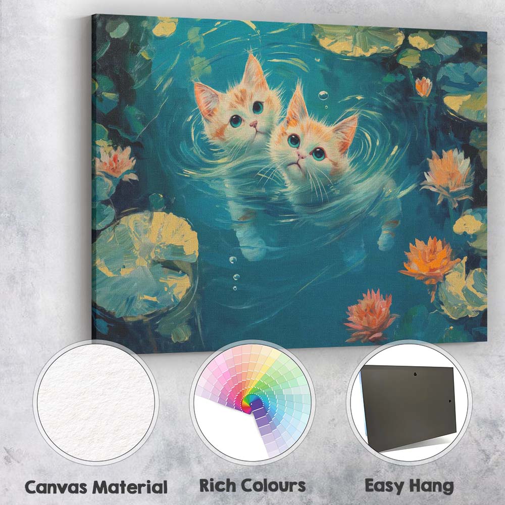 Adorable Twin Kittens Swimming Among Water Lilies Canvas Wall Art Print Decor Picture Ready to Hang