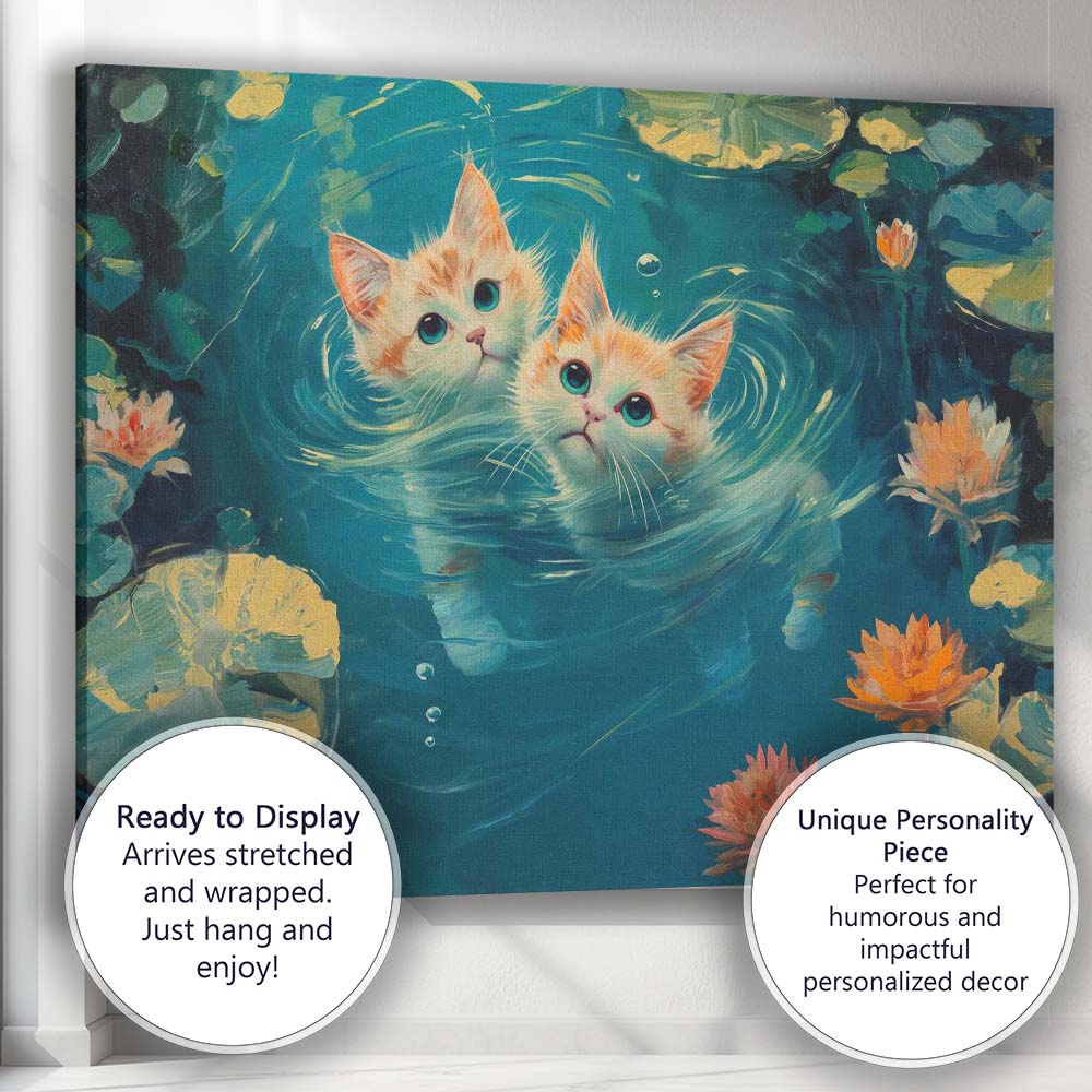 Adorable Twin Kittens Swimming Among Water Lilies Canvas Wall Art Print Decor Picture Ready to Hang