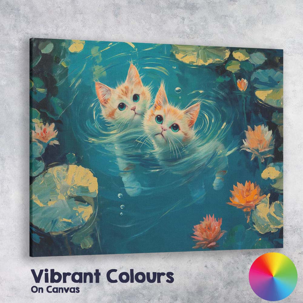 Adorable Twin Kittens Swimming Among Water Lilies Canvas Wall Art Print Decor Picture Ready to Hang