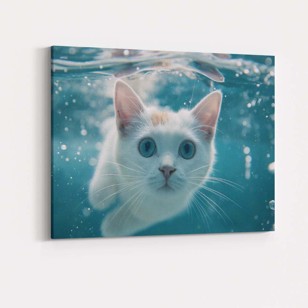 Blue Eyed White Kitten Underwater Portrait Canvas Wall Art Print Decor Picture Ready to Hang