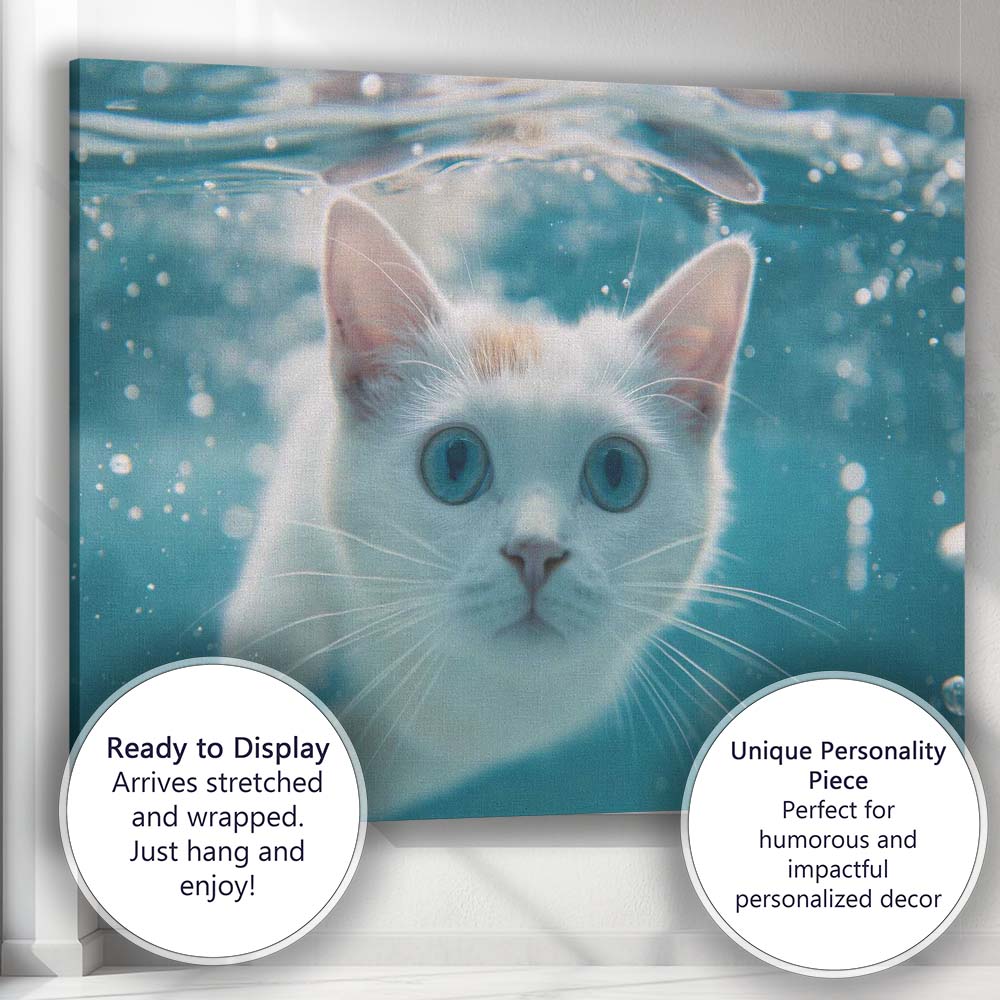 Blue Eyed White Kitten Underwater Portrait Canvas Wall Art Print Decor Picture Ready to Hang