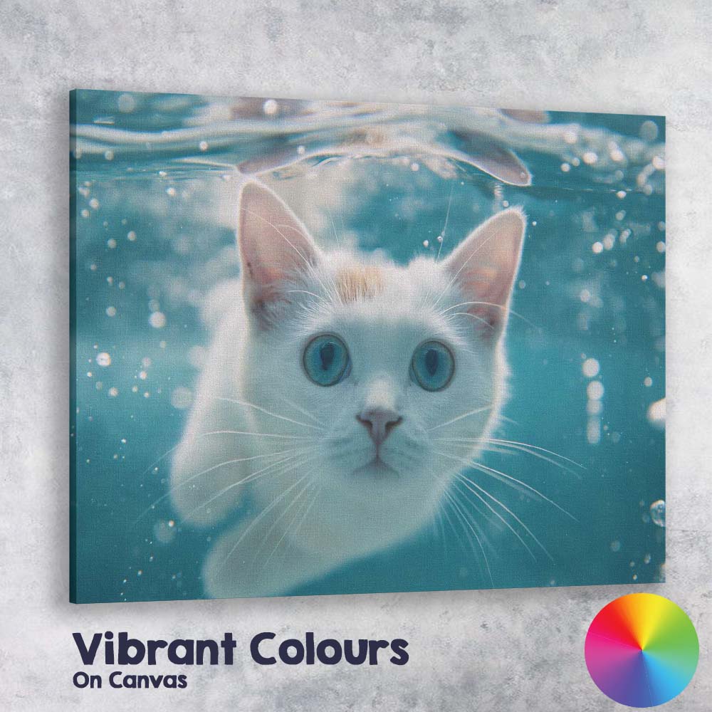 Blue Eyed White Kitten Underwater Portrait Canvas Wall Art Print Decor Picture Ready to Hang