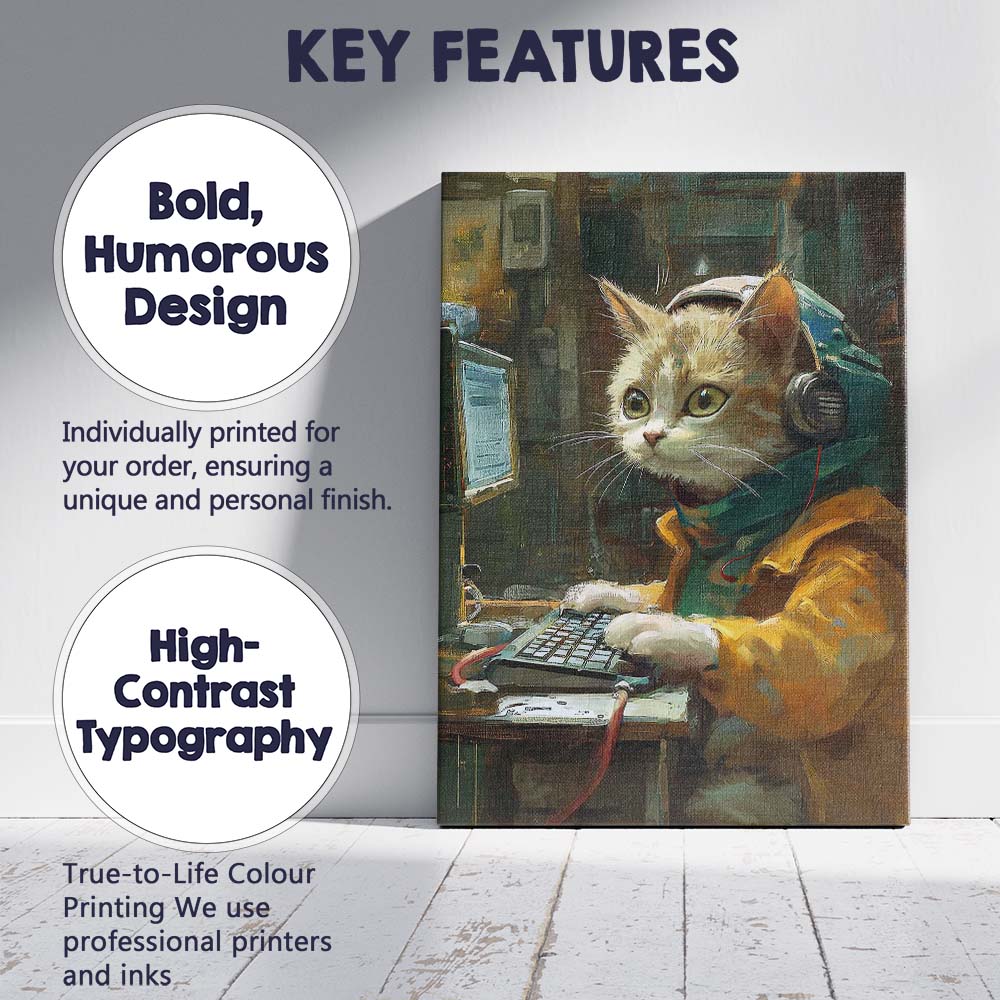 Cute Ginger Cat Computer Programmer Workspace Canvas Wall Art Print Decor Picture Ready to Hang