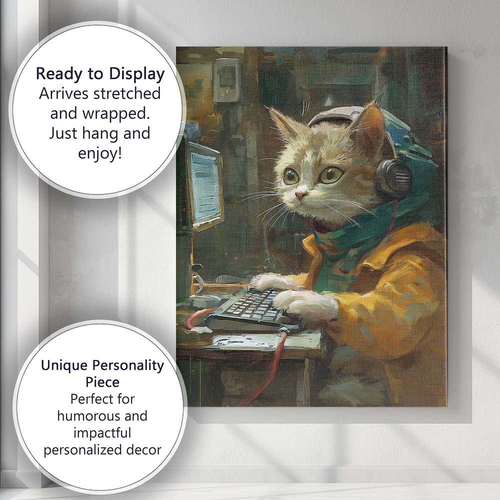 Cute Ginger Cat Computer Programmer Workspace Canvas Wall Art Print Decor Picture Ready to Hang
