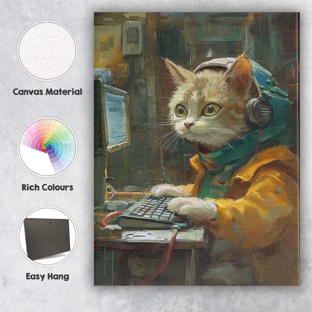 Cute Ginger Cat Computer Programmer Workspace Canvas Wall Art Print Decor Picture Ready to Hang