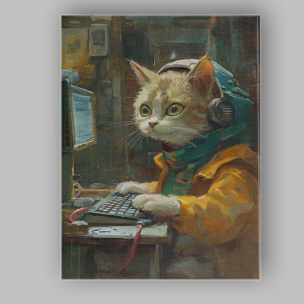 Cute Ginger Cat Computer Programmer Workspace Canvas Wall Art Print Decor Picture Ready to Hang