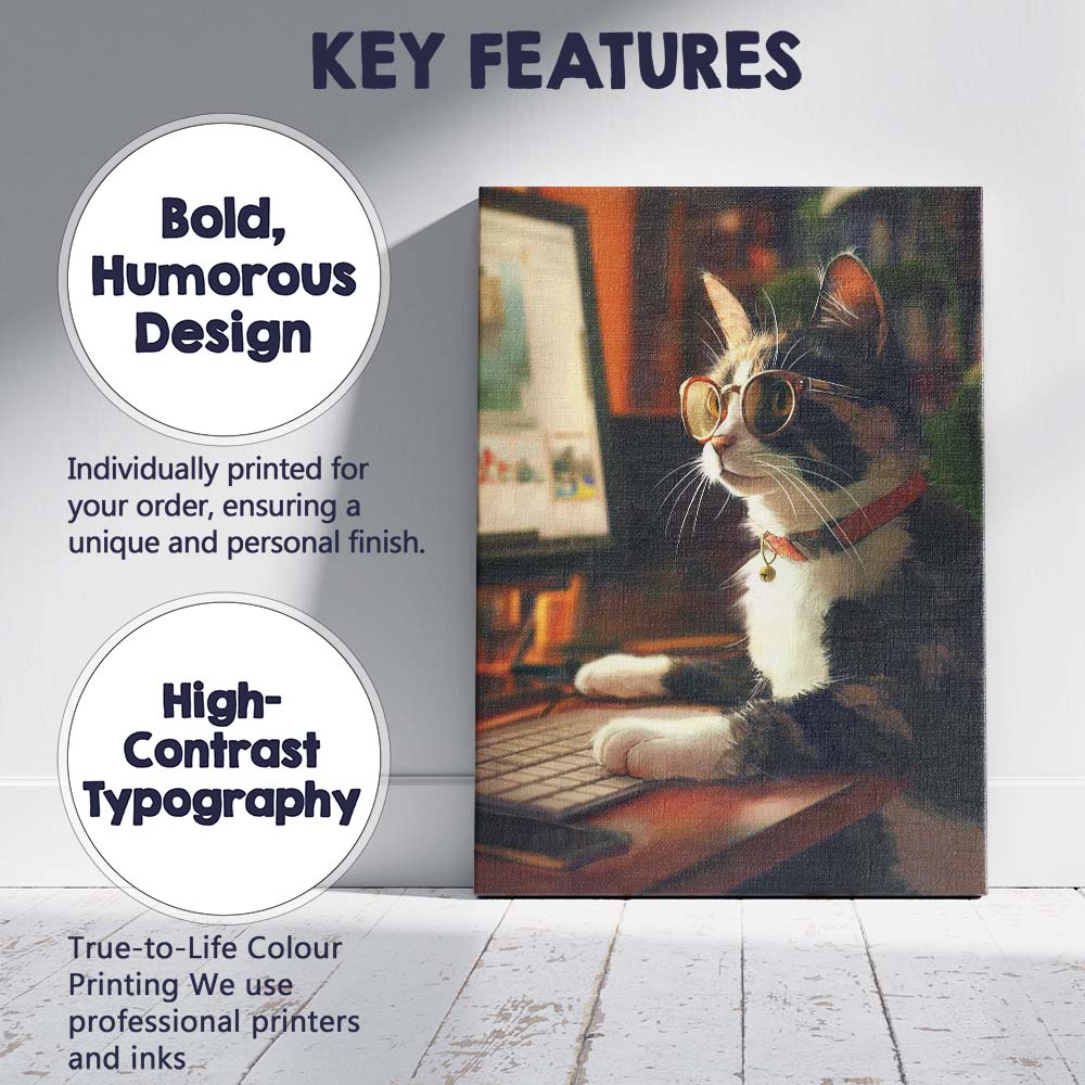 Smart Tuxedo Cat Wearing Glasses Home Office Canvas Wall Art Print Decor Picture Ready to Hang