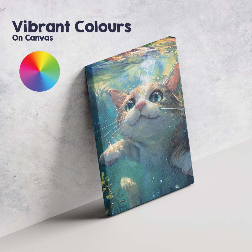 Cute Curious Kitten Underwater Close Up Painting Canvas Wall Art Print Decor Picture Ready to Hang