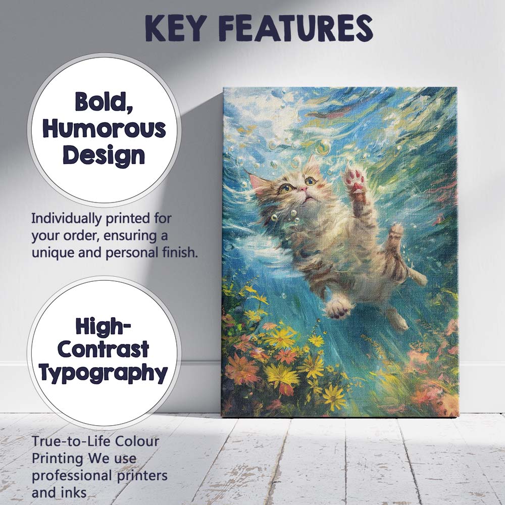 Playful Kitten Swimming Underwater Floral Fantasy Canvas Wall Art Print Decor Picture Ready to Hang
