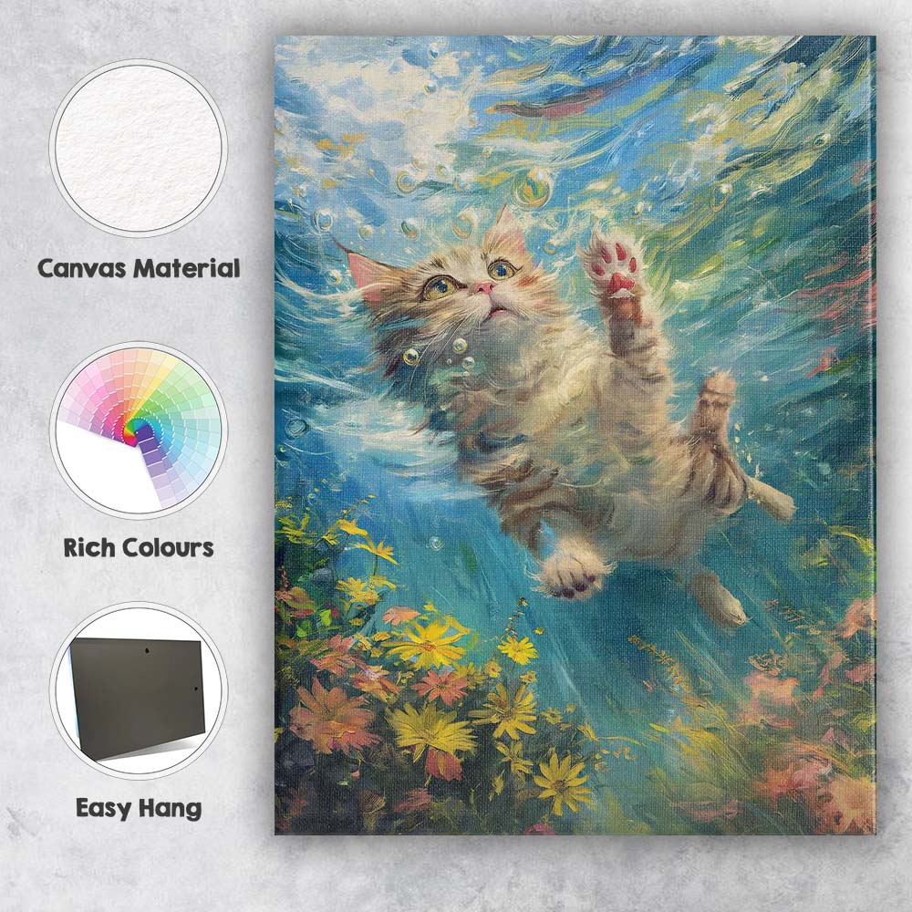 Playful Kitten Swimming Underwater Floral Fantasy Canvas Wall Art Print Decor Picture Ready to Hang