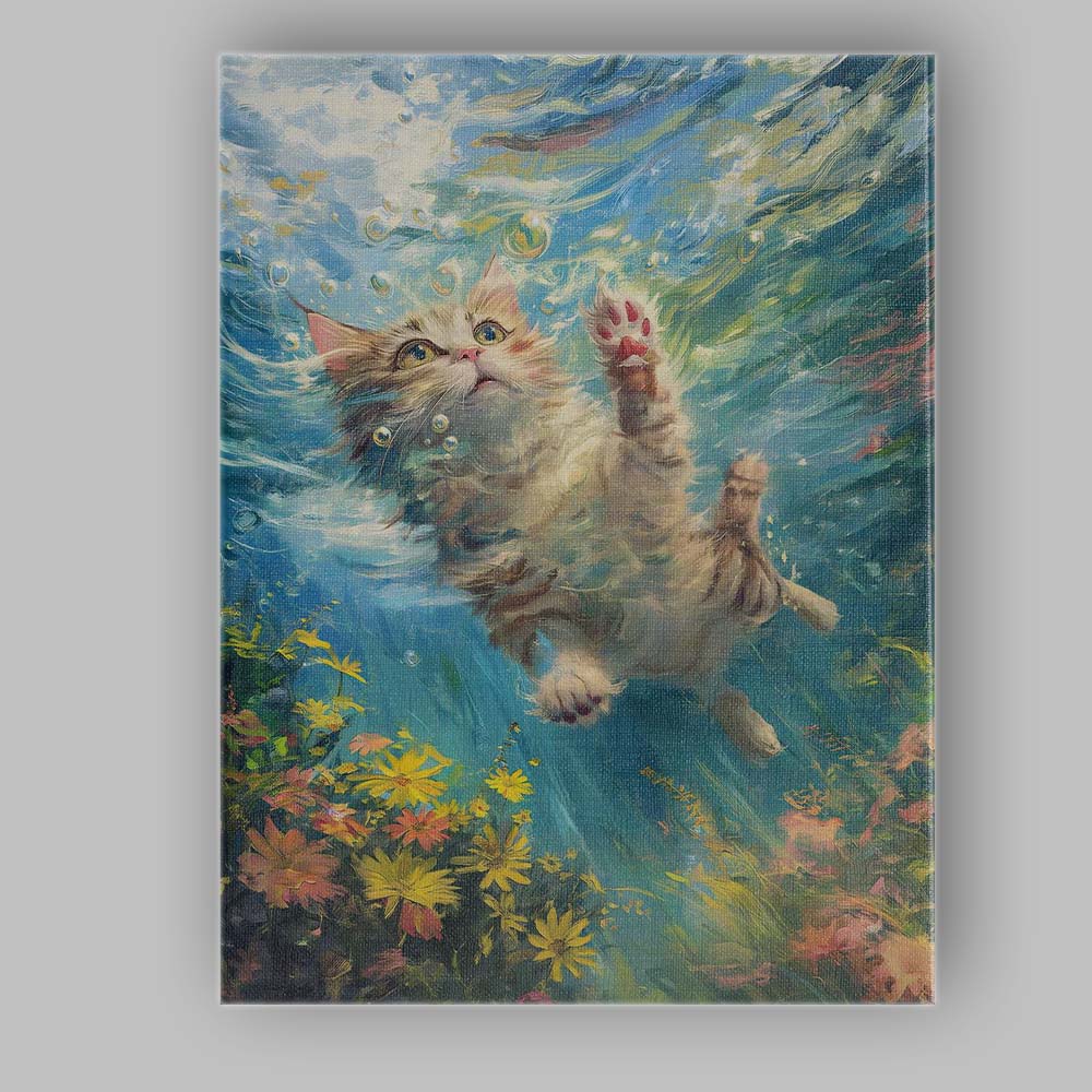 Playful Kitten Swimming Underwater Floral Fantasy Canvas Wall Art Print Decor Picture Ready to Hang