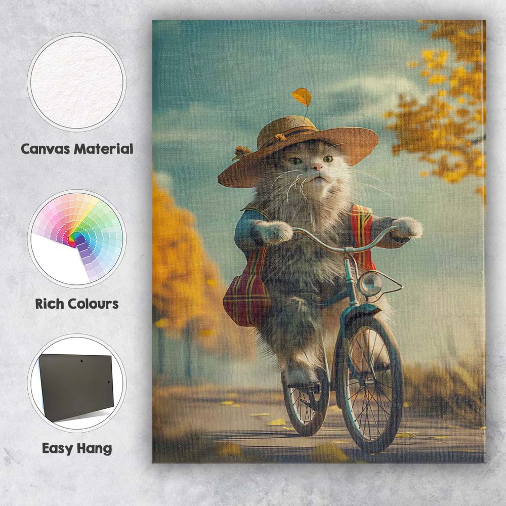 Autumn Cat Riding Bicycle Countryside Portrait Canvas Wall Art Print Decor Picture Ready to Hang