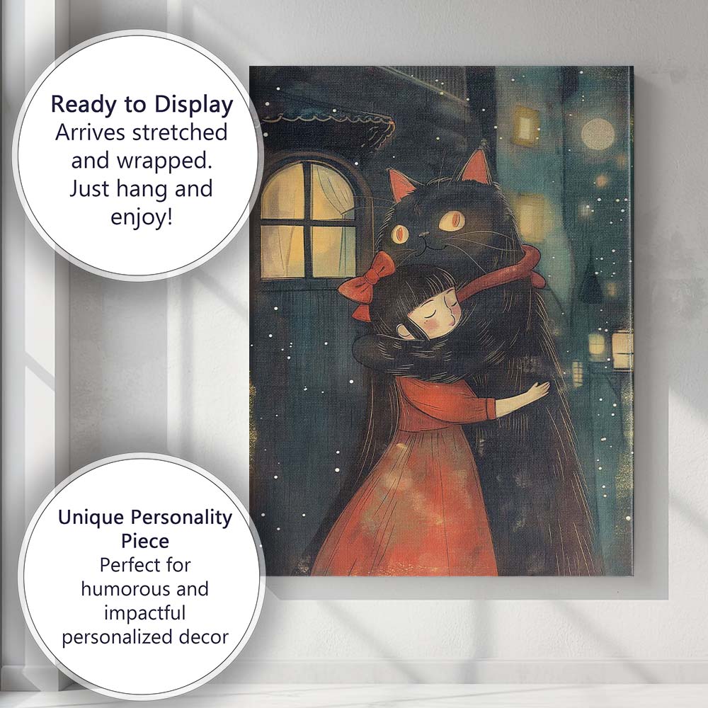 Cute Black Cat Hugging Little Girl Night Illustration Canvas Wall Art Print Decor Picture Ready to Hang