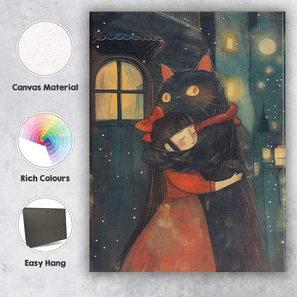 Cute Black Cat Hugging Little Girl Night Illustration Canvas Wall Art Print Decor Picture Ready to Hang