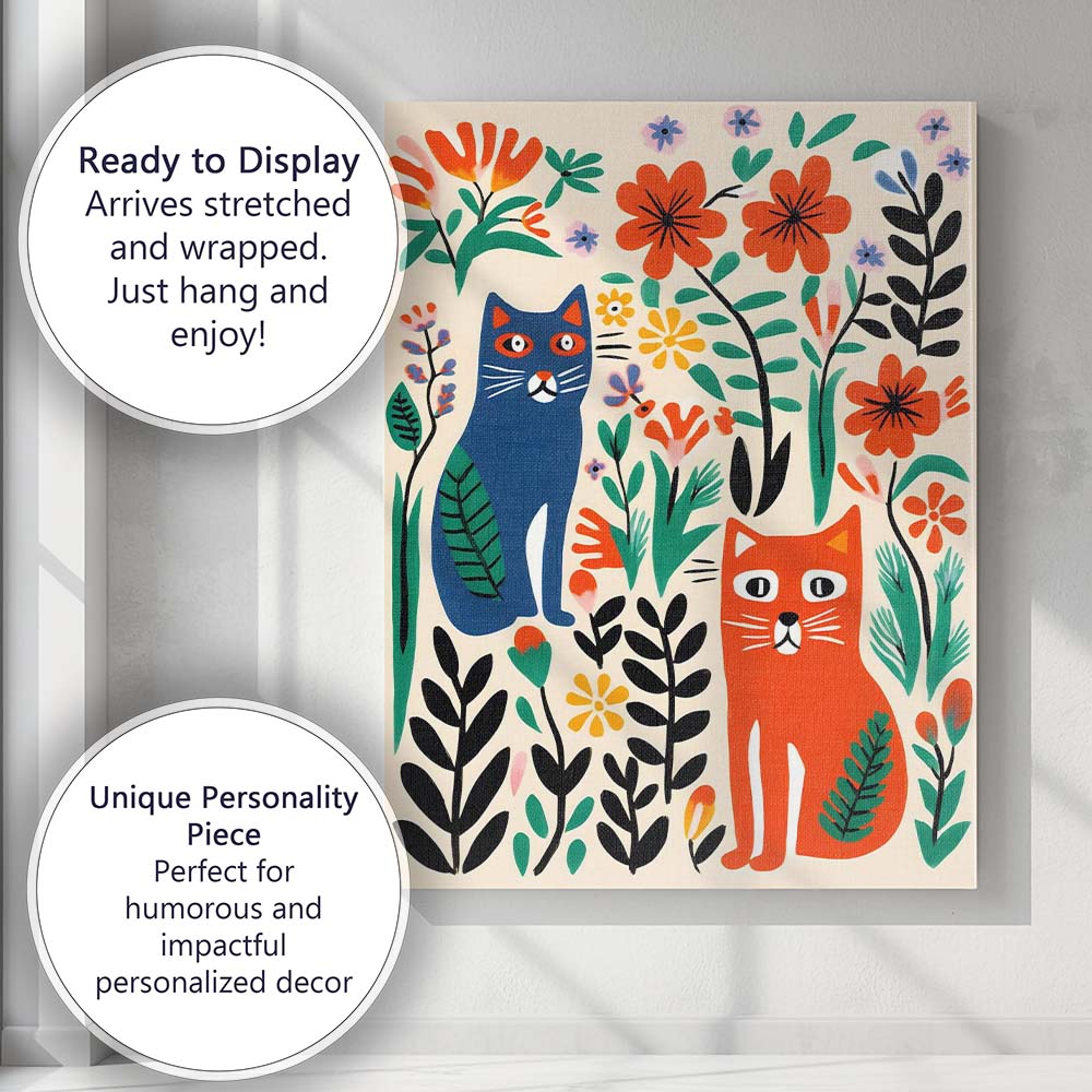 Scandinavian Folk Art Cats And Floral Garden Illustration Canvas Wall Art Print Decor Picture Ready to Hang