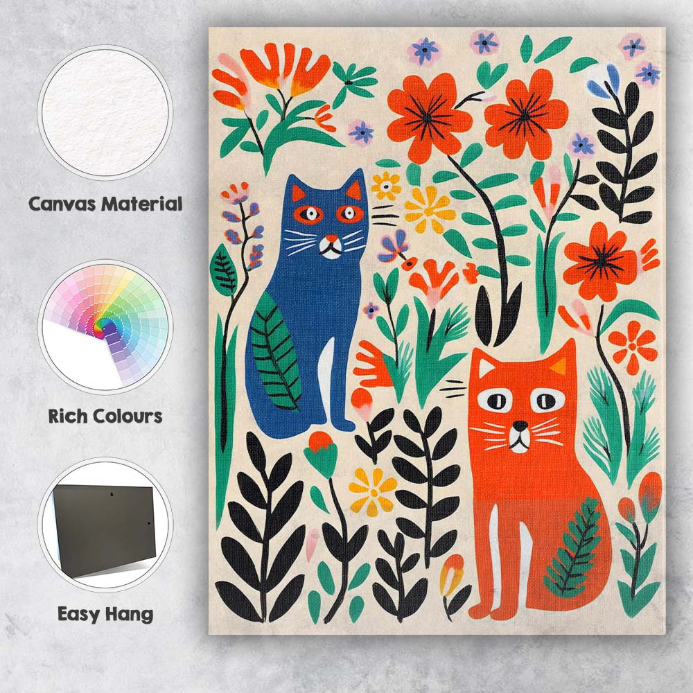 Scandinavian Folk Art Cats And Floral Garden Illustration Canvas Wall Art Print Decor Picture Ready to Hang