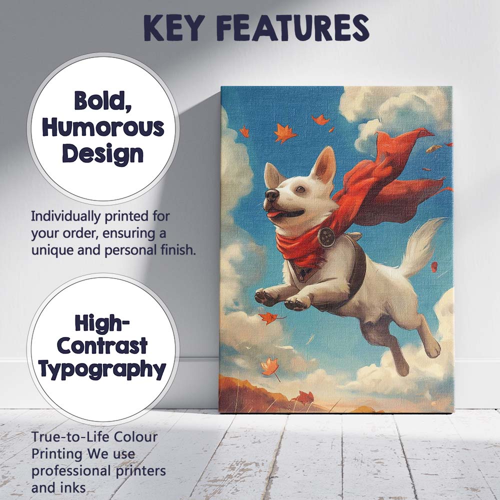 Happy Flying White Dog Autumn Sky Fantasy Canvas Wall Art Print Decor Picture Ready to Hang