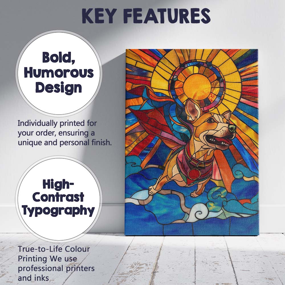 Stained Glass Superhero Dog Sunburst Fantasy Art Canvas Wall Art Print Decor Picture Ready to Hang