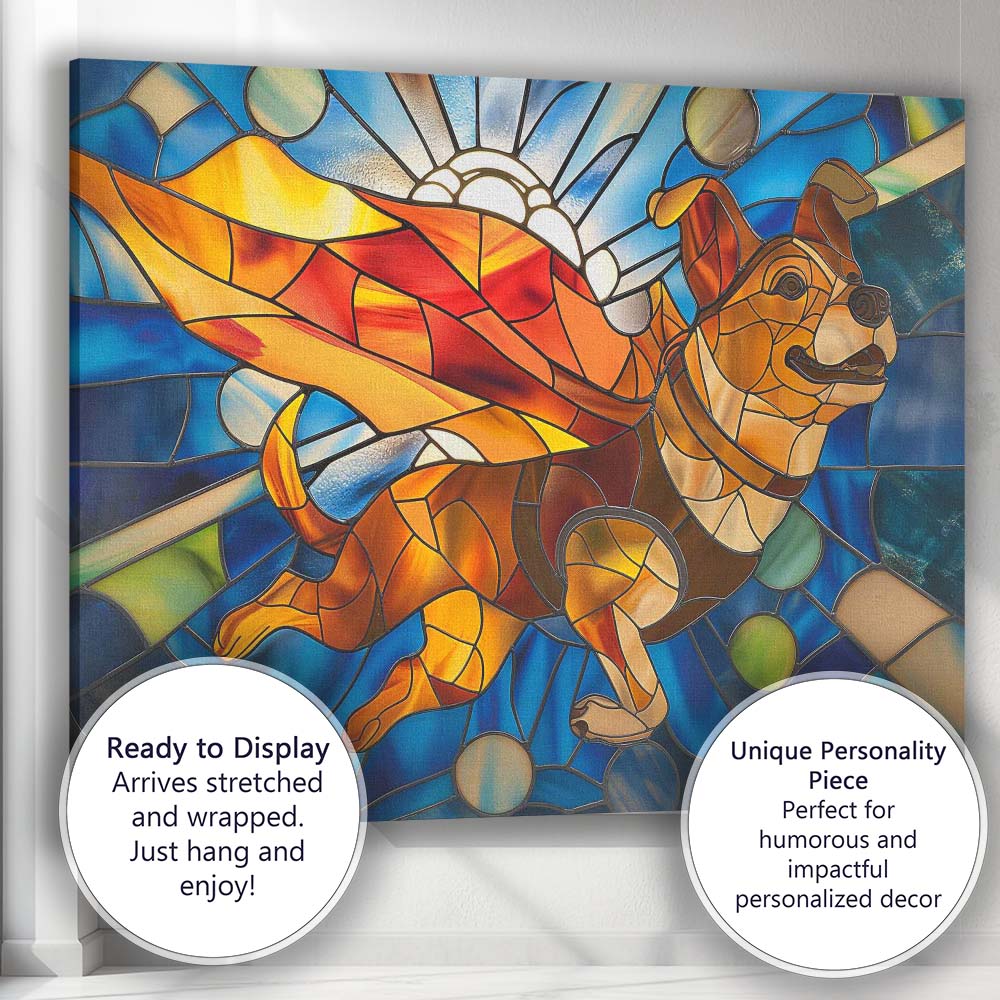 Stained Glass Flying Dog Blue Sky Fantasy Canvas Wall Art Print Decor Picture Ready to Hang