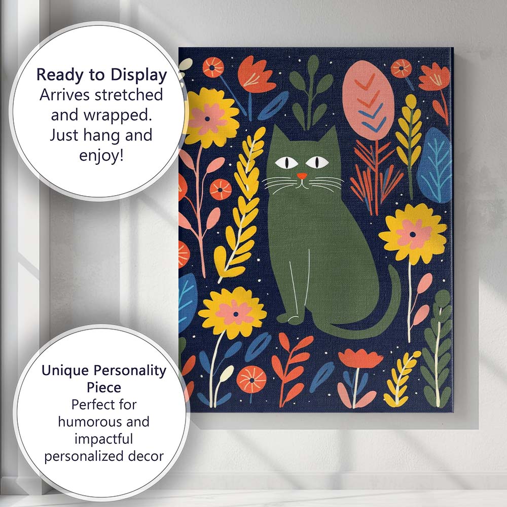 Scandinavian Folk Art Green Cat Floral Botanical Canvas Wall Art Print Decor Picture Ready to Hang