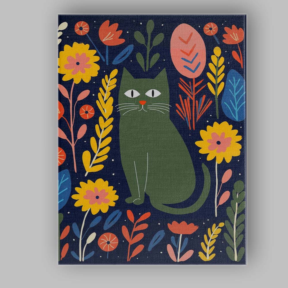 Scandinavian Folk Art Green Cat Floral Botanical Canvas Wall Art Print Decor Picture Ready to Hang