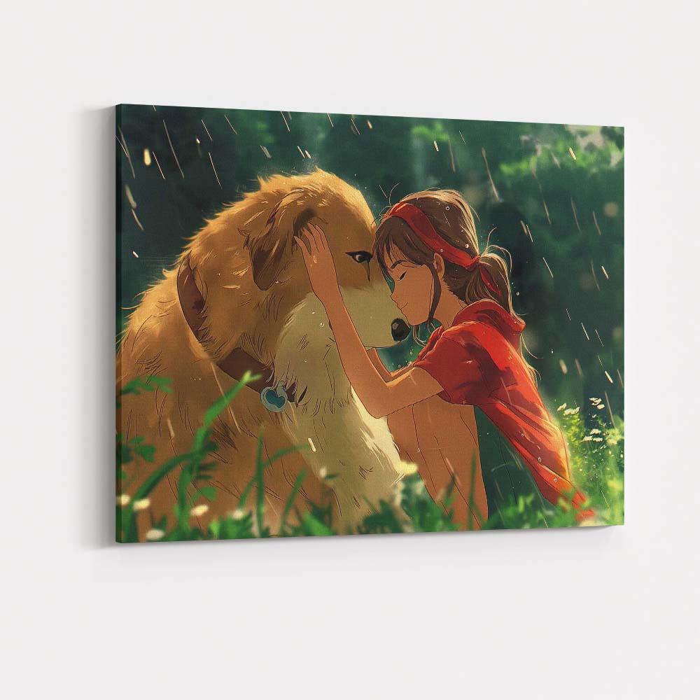 Heartwarming Girl Hugging Loyal Dog Nature Illustration Canvas Wall Art Print Decor Picture Ready to Hang