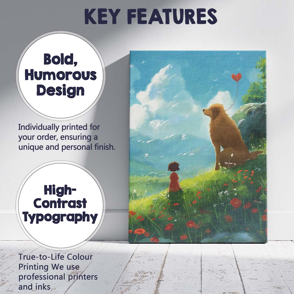 Dreamy Child And Golden Dog Mountain Meadow Landscape Canvas Wall Art Print Decor Picture Ready to Hang