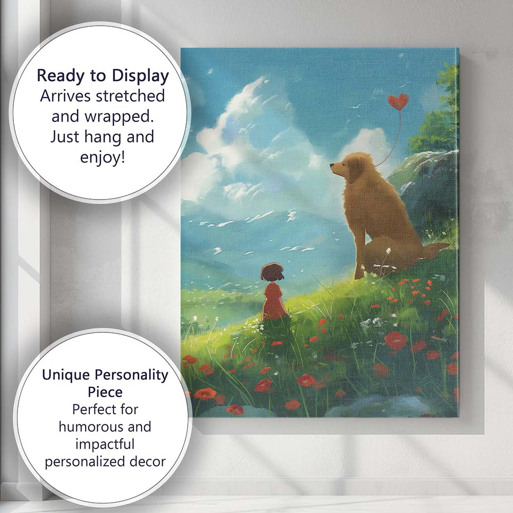 Dreamy Child And Golden Dog Mountain Meadow Landscape Canvas Wall Art Print Decor Picture Ready to Hang