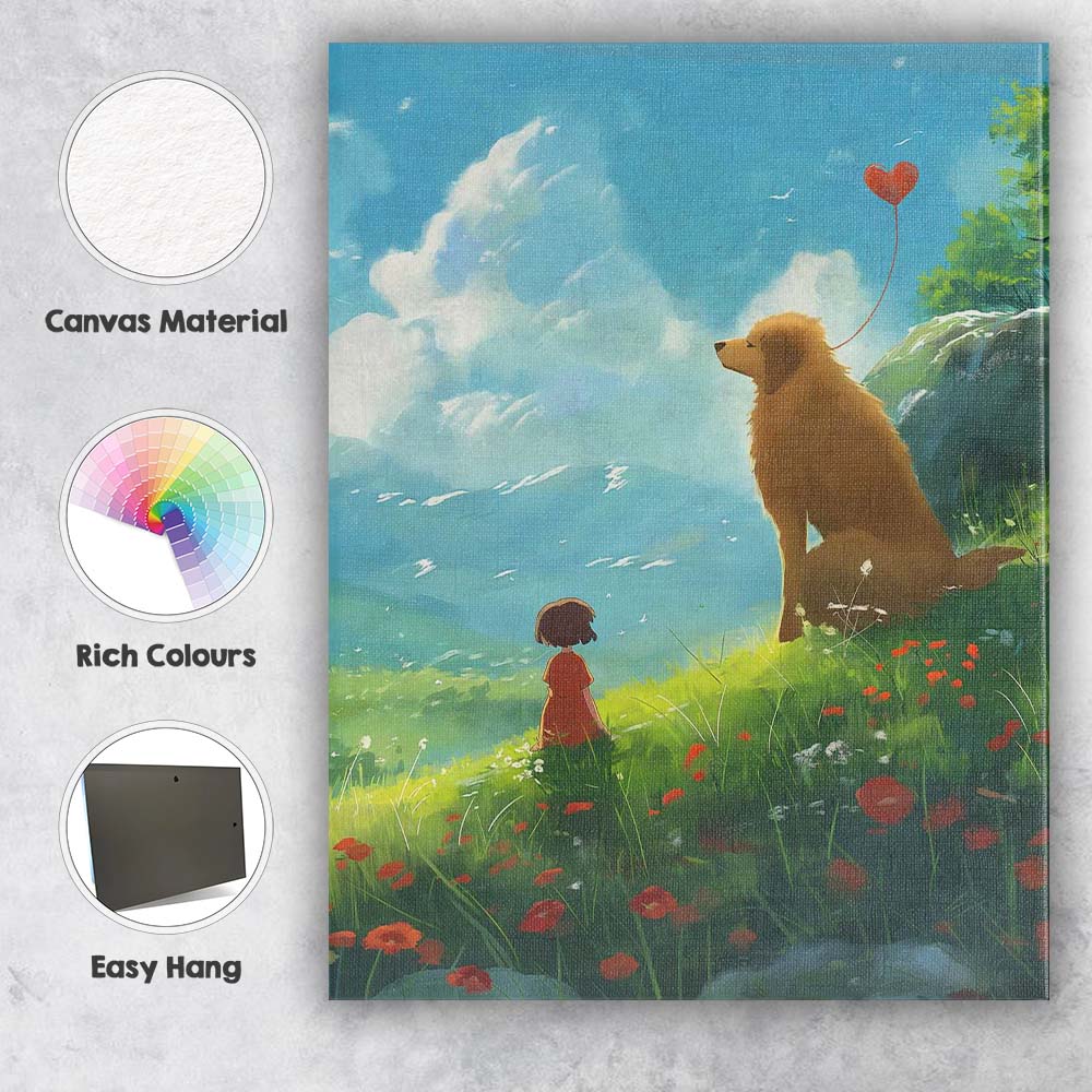 Dreamy Child And Golden Dog Mountain Meadow Landscape Canvas Wall Art Print Decor Picture Ready to Hang