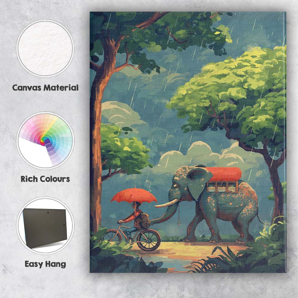 Whimsical Elephant Forest Rain Adventure Illustration Canvas Wall Art Print Decor Picture Ready to Hang