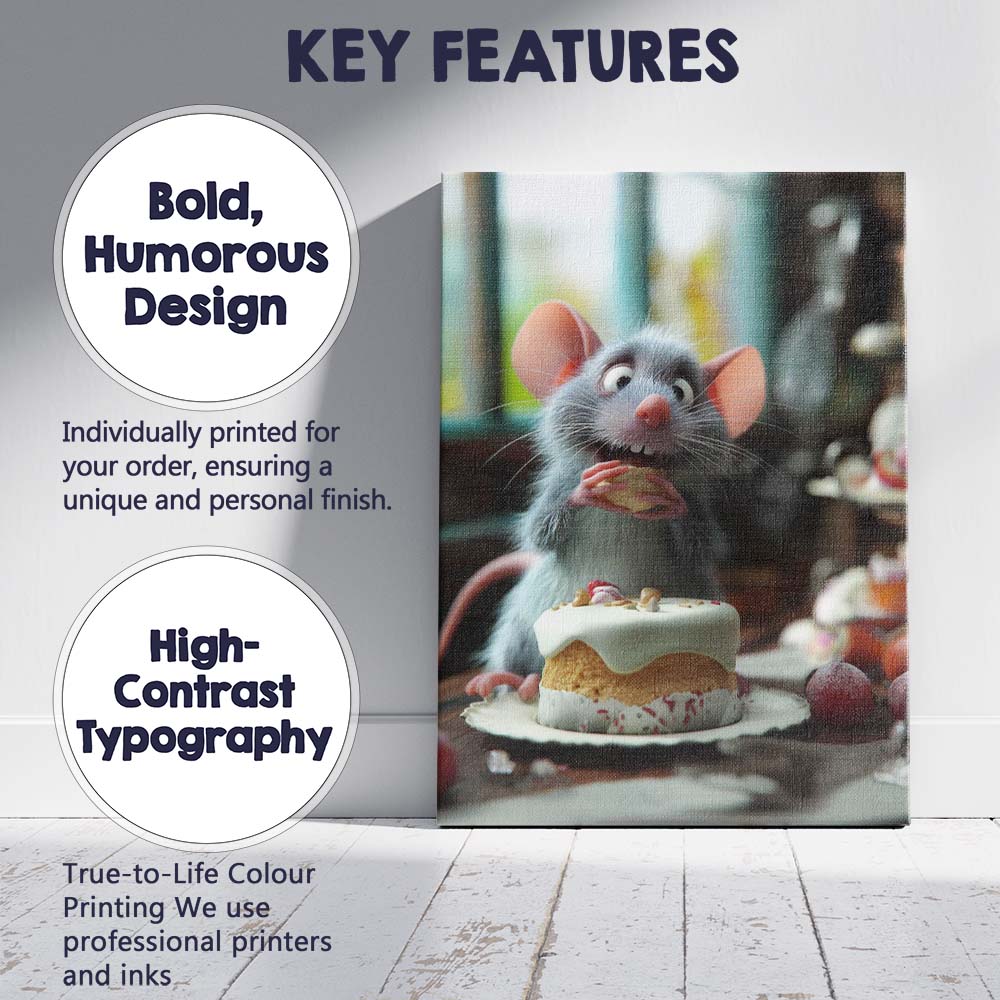 Adorable Mouse Eating Cake Cosy Bakery Illustration Canvas Wall Art Print Decor Picture Ready to Hang