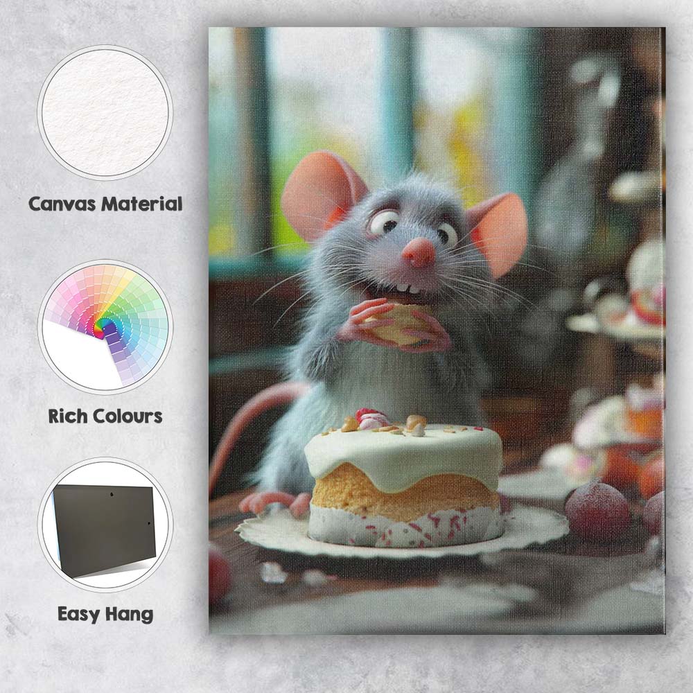 Adorable Mouse Eating Cake Cosy Bakery Illustration Canvas Wall Art Print Decor Picture Ready to Hang