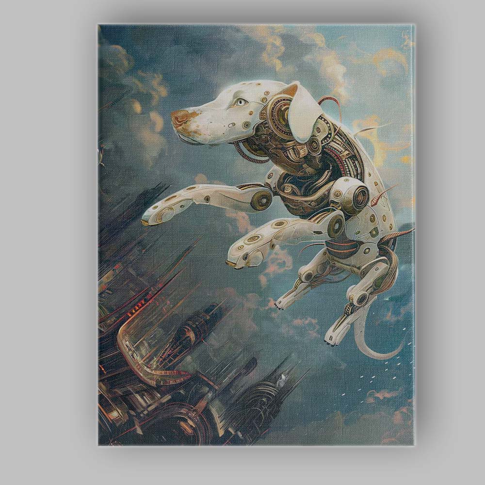 Futuristic White Robotic Dog Cyberpunk Cityscape Canvas Wall Art Print Decor Picture Ready to Hang