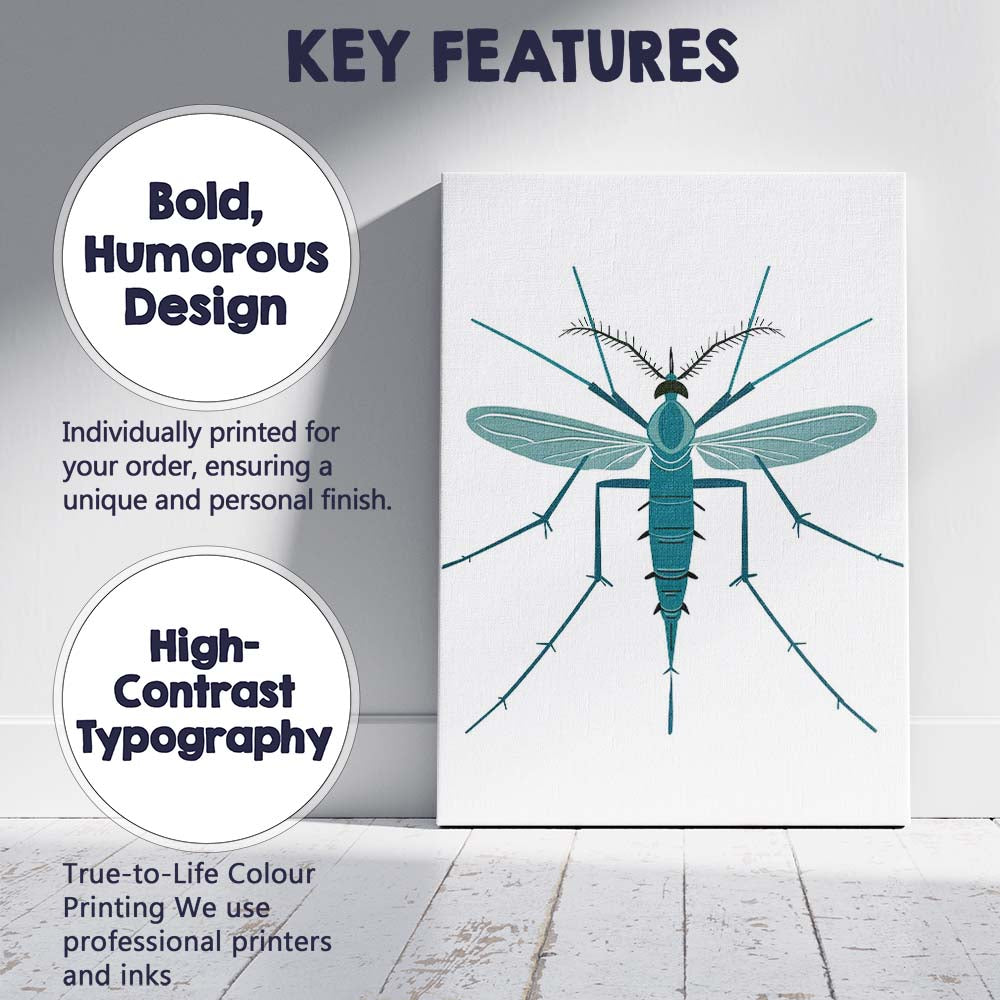 Minimal Teal Mosquito Scientific Insect Illustration Canvas Wall Art Print Decor Picture Ready to Hang