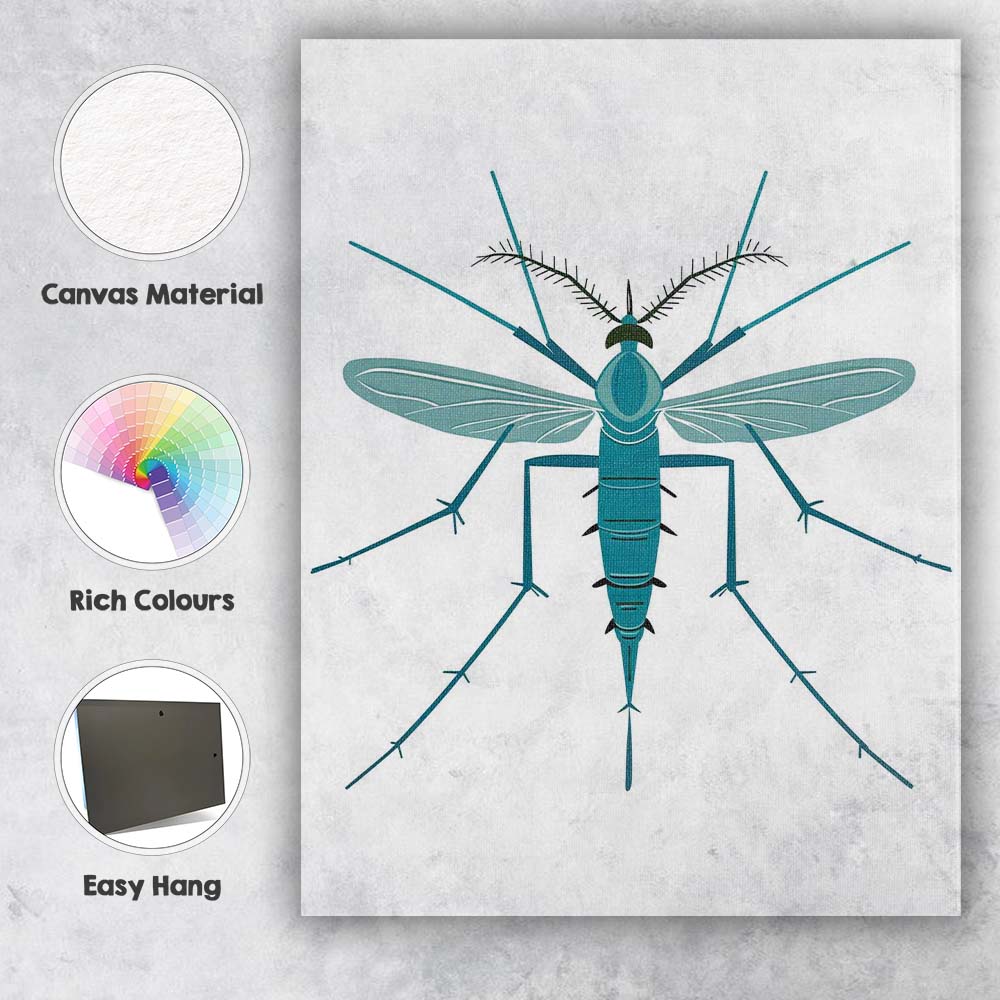 Minimal Teal Mosquito Scientific Insect Illustration Canvas Wall Art Print Decor Picture Ready to Hang