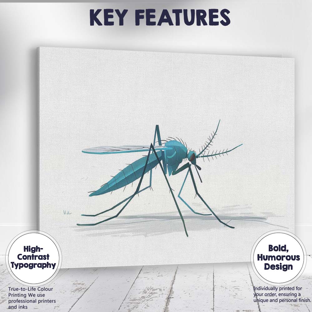 Detailed Blue Mosquito Wildlife Nature Illustration Canvas Wall Art Print Decor Picture Ready to Hang