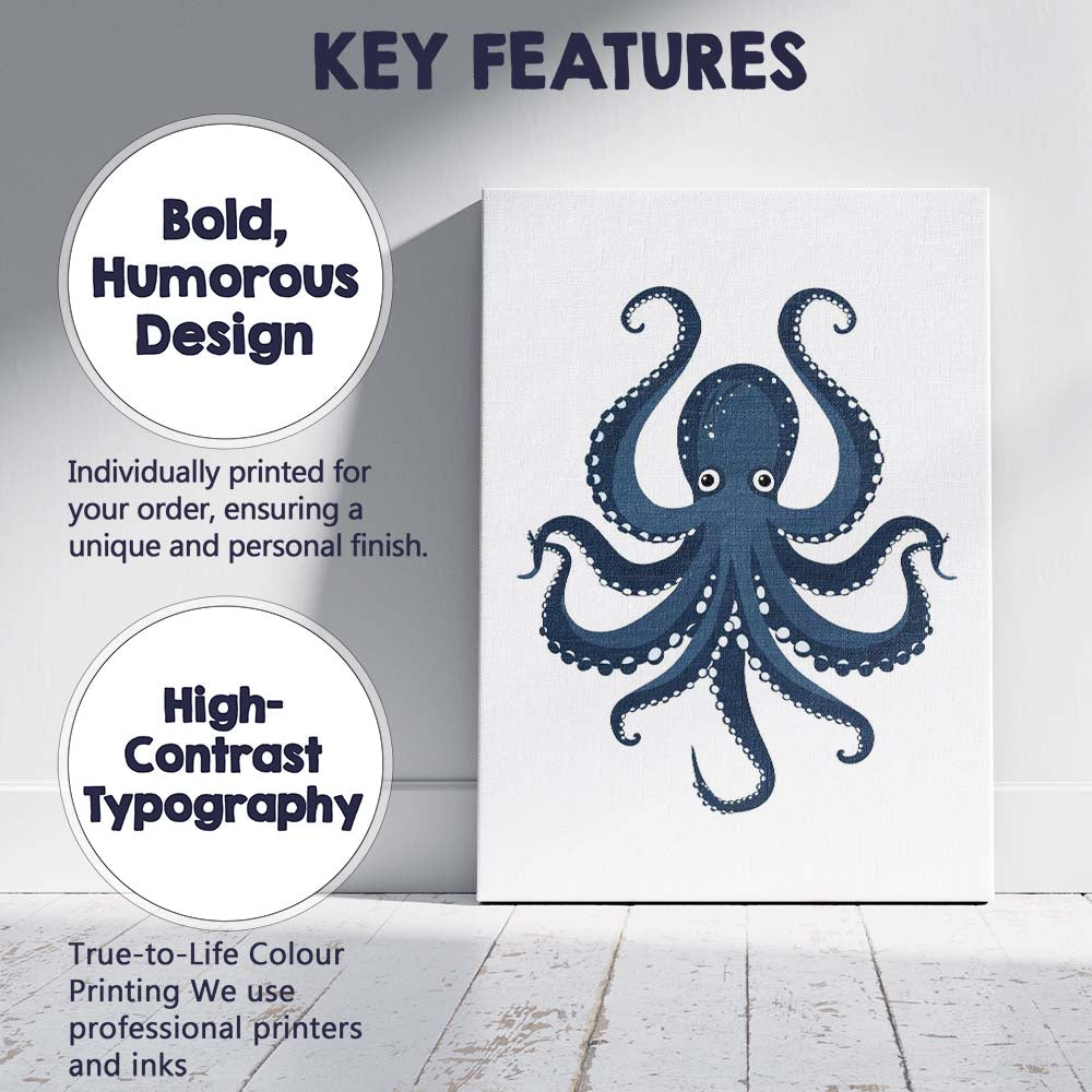 Adorable Navy Blue Octopus Sea Creature Illustration Canvas Wall Art Print Decor Picture Ready to Hang