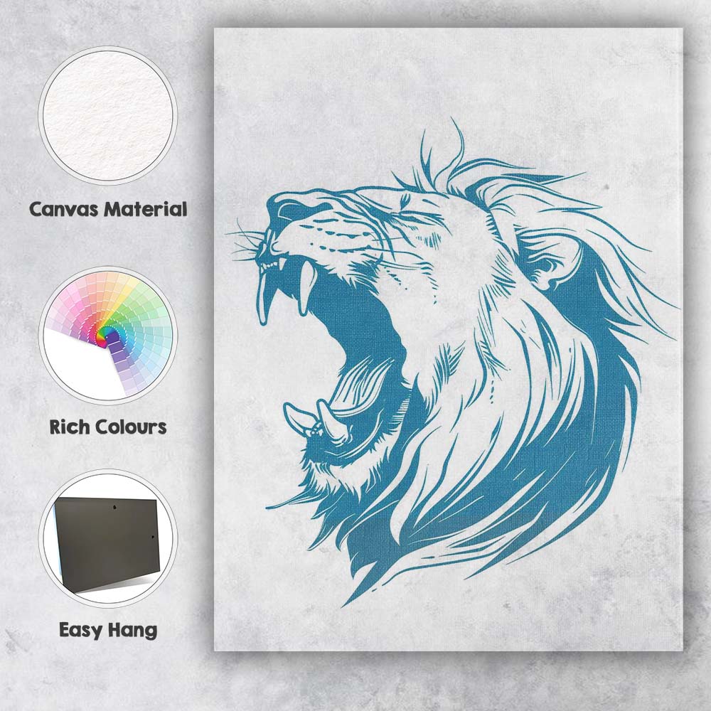 Roaring Lion Head Blue Line Art Wildlife Illustration Canvas Wall Art Print Decor Picture Ready to Hang