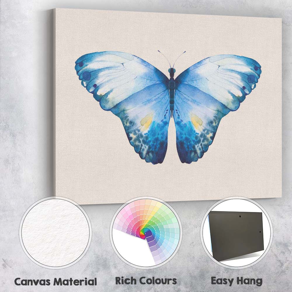 Watercolour Blue Butterfly Symmetrical Nature Illustration Canvas Wall Art Print Decor Picture Ready to Hang