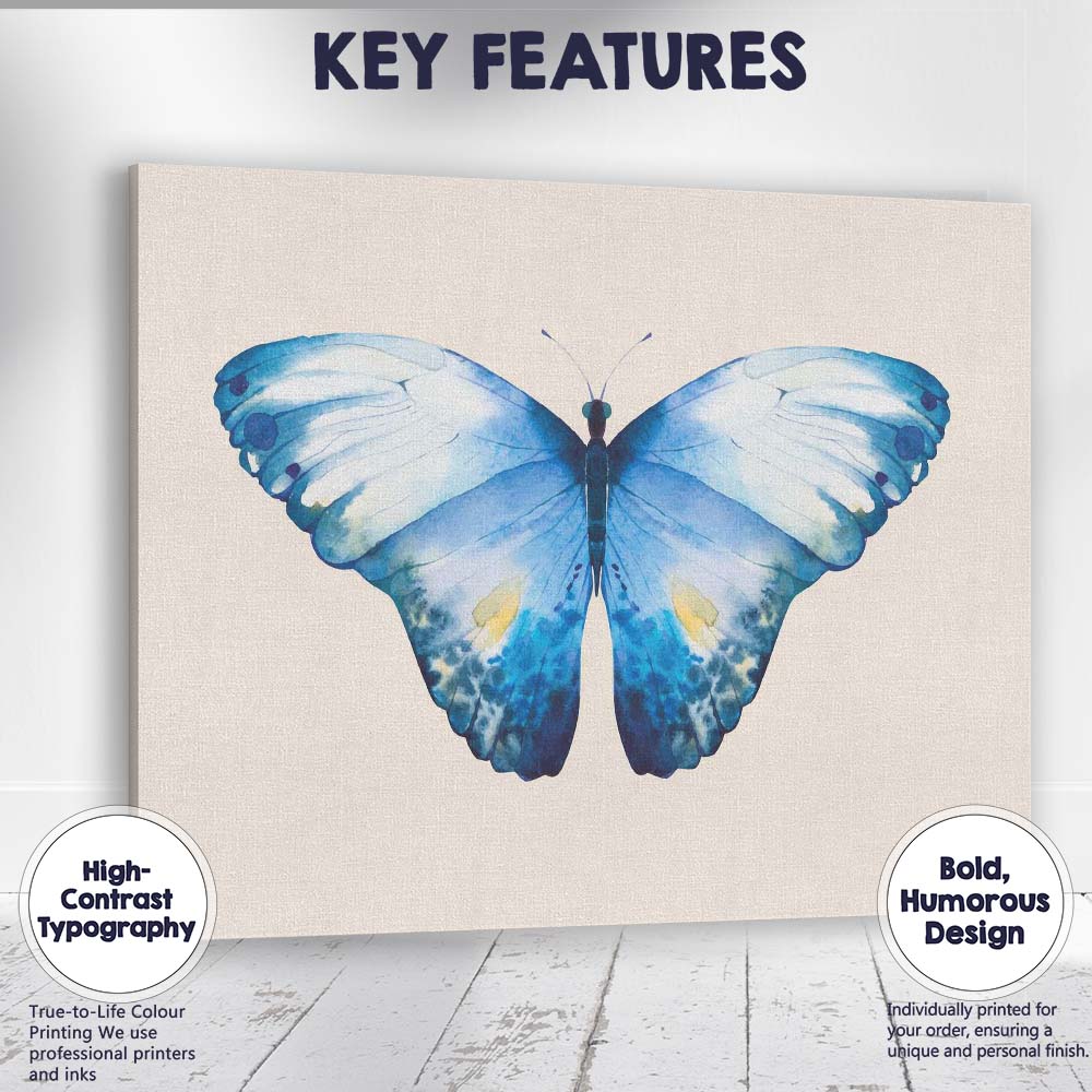 Watercolour Blue Butterfly Symmetrical Nature Illustration Canvas Wall Art Print Decor Picture Ready to Hang