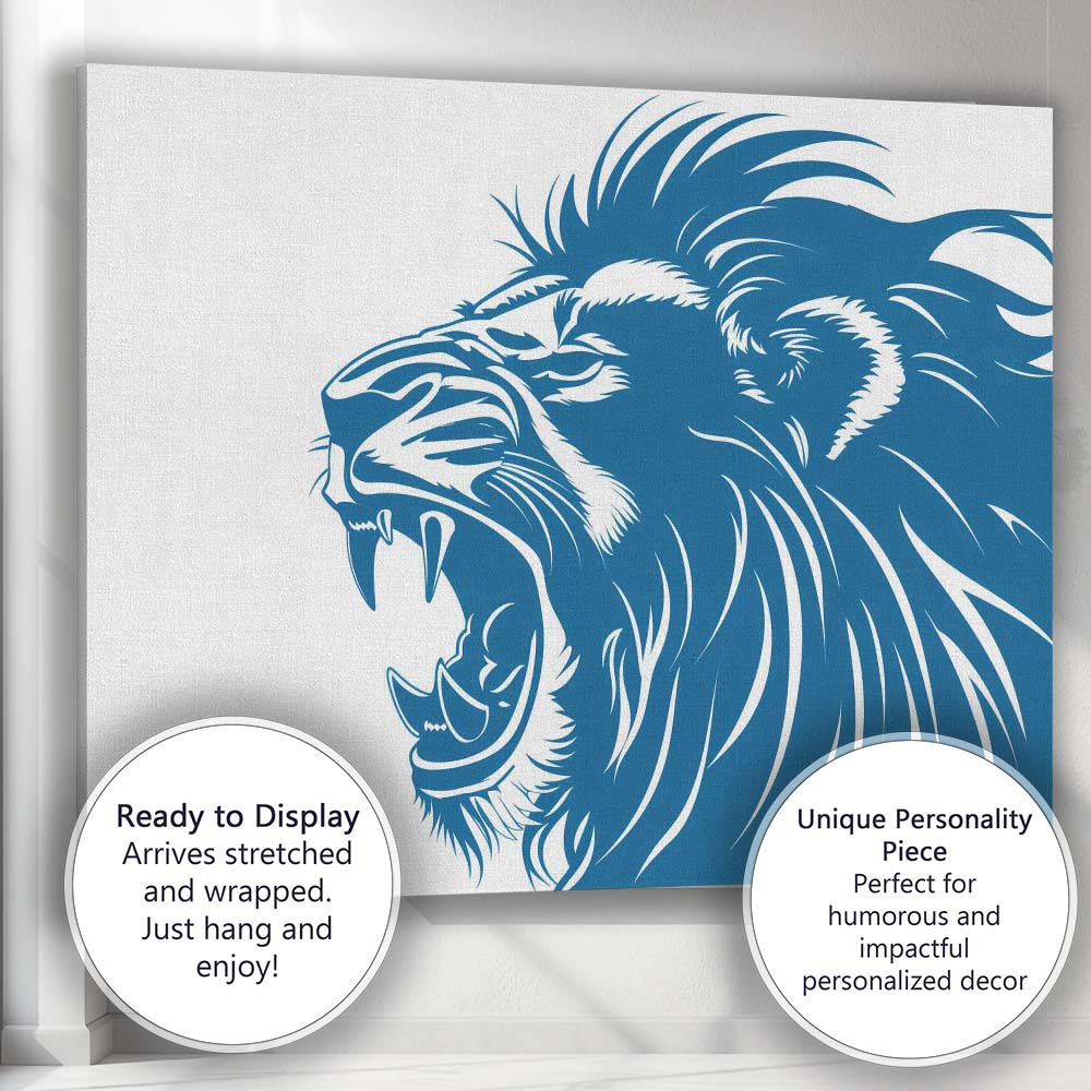 Majestic Roaring Lion Profile Blue Graphic Illustration Canvas Wall Art Print Decor Picture Ready to Hang