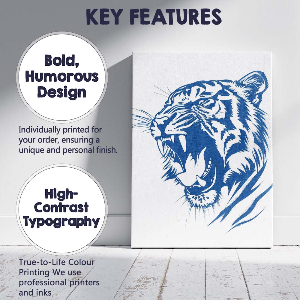 Fierce Roaring Tiger Head Blue Line Art Illustration Canvas Wall Art Print Decor Picture Ready to Hang