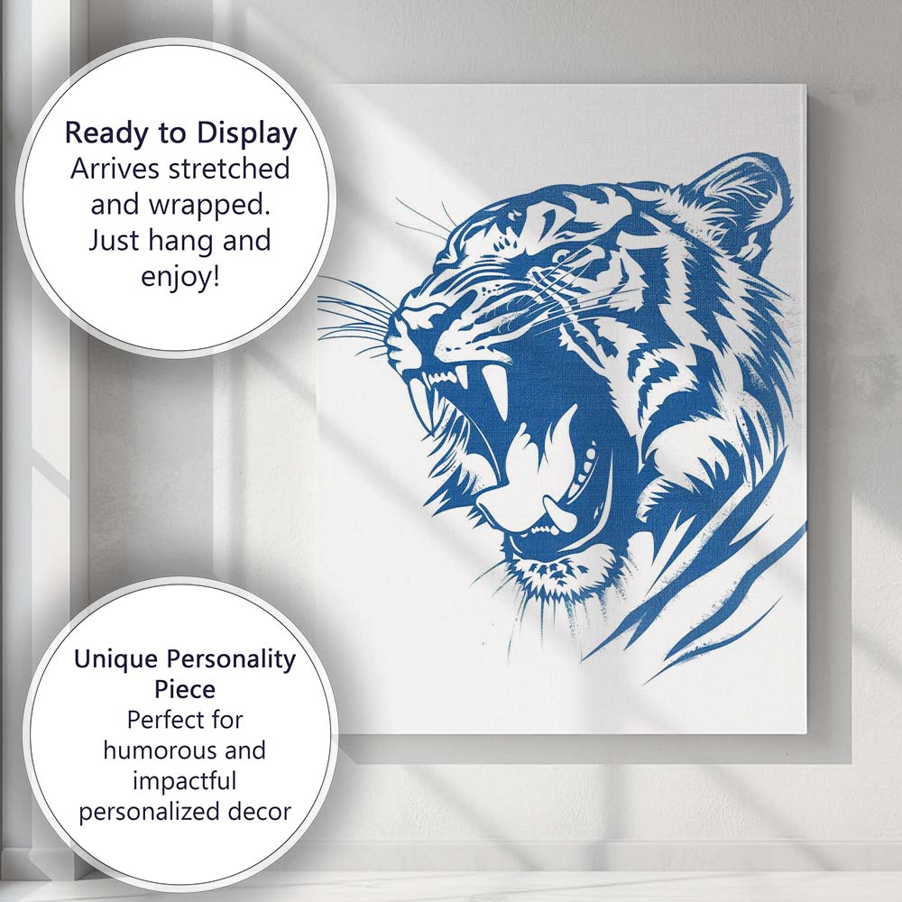 Fierce Roaring Tiger Head Blue Line Art Illustration Canvas Wall Art Print Decor Picture Ready to Hang